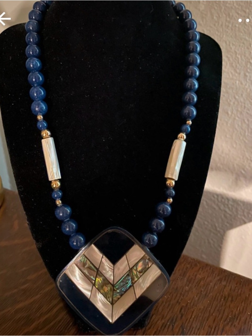 Navy Beaded Necklace with Abalone Chevron Pendant